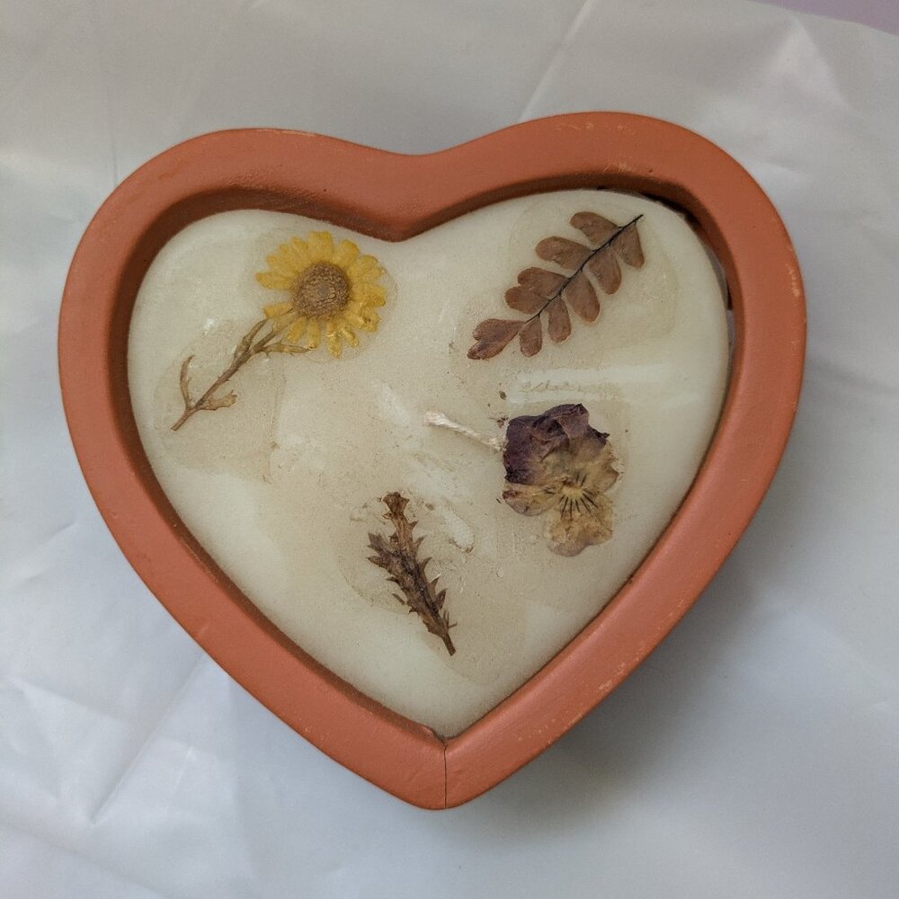 Hearts and & Flowers Terra Cotta candle Floral Shabby Chic Cottage core